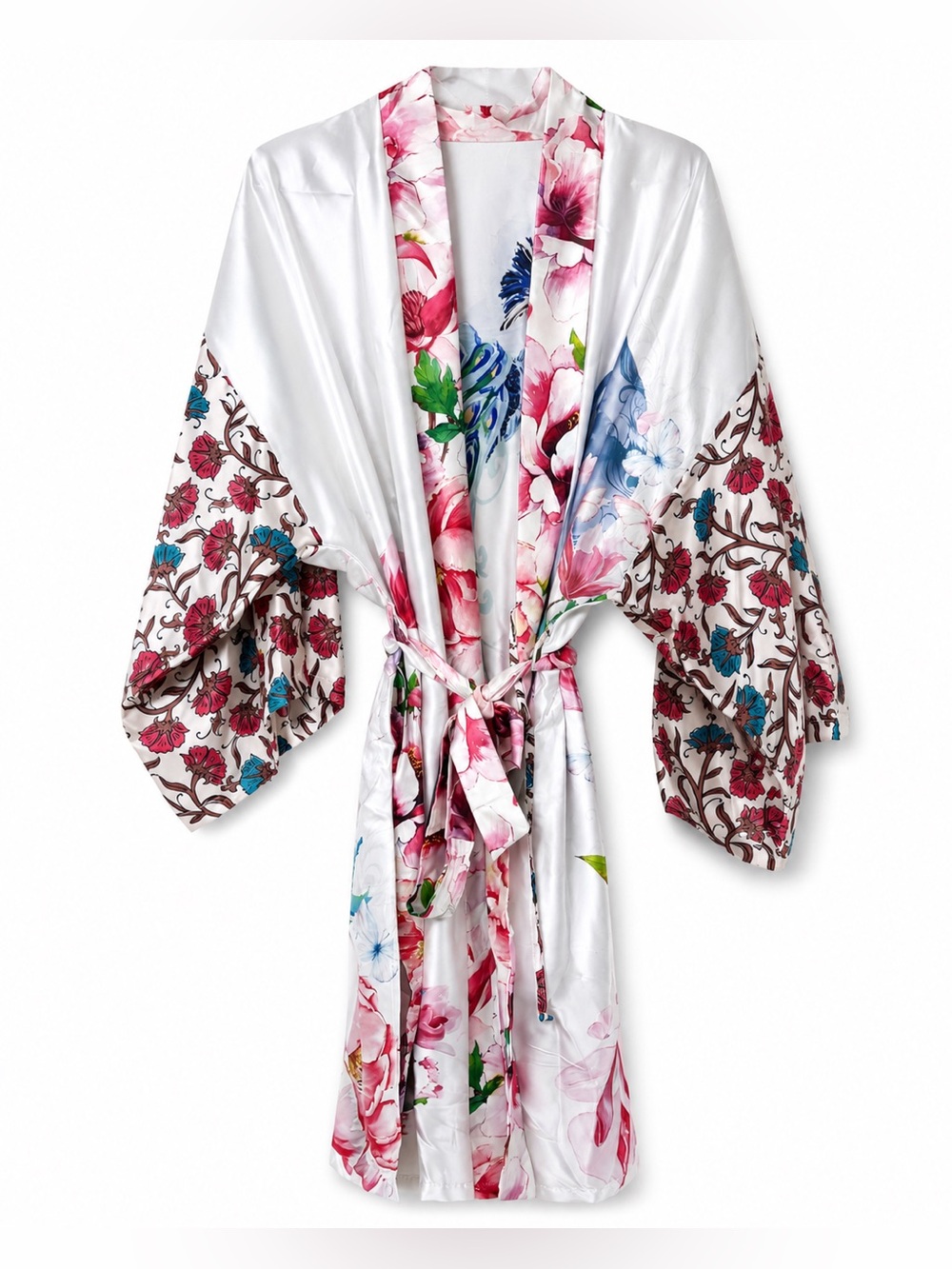 Floral Satin Kimono Robe - White with Pink & Blue Floral Print